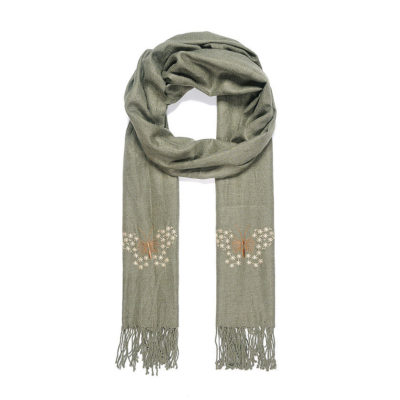 Green butterfly embroidered scarf